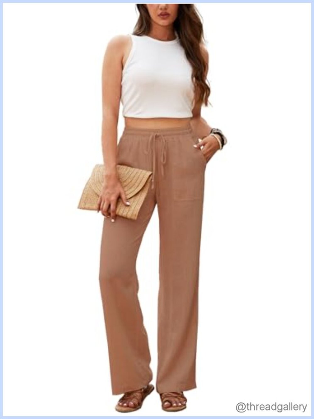 Linen Straight Leg Pants with Pockets High Waist Drawstring